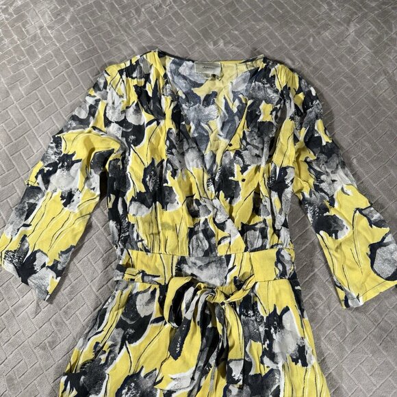 Elevenses Women XS Romper Shorts Yellow Floral V Neck Faux Wrap Belt Half Sleeve - Picture 2 of 11